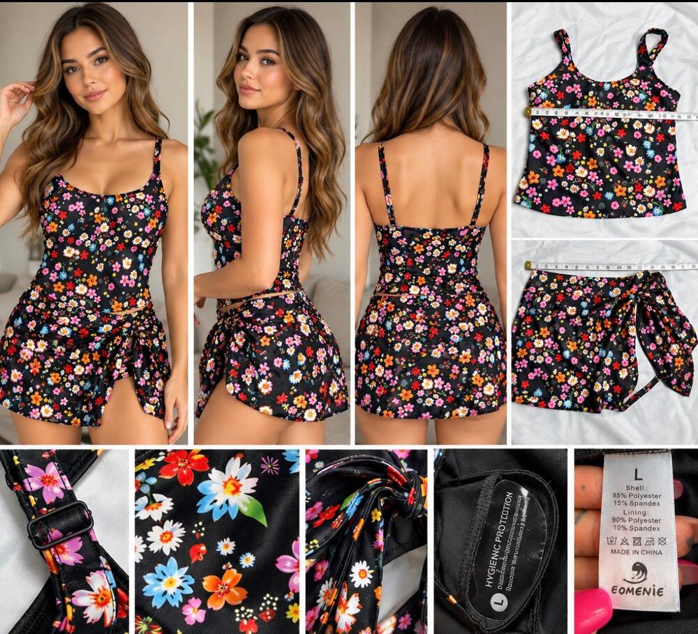Eomenie Floral Tankini Swimsuit Large 2 Piece Swim Skirt Padded Black Floral NWT